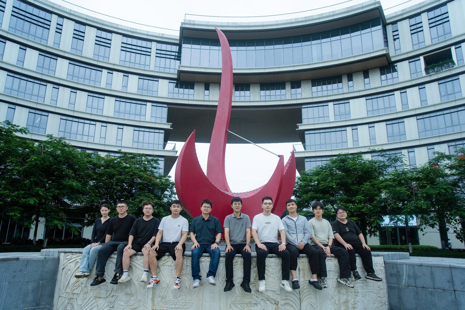 SPIRE Lab members on the Red Bird sundial plaza at HKUST (Guangzhou)